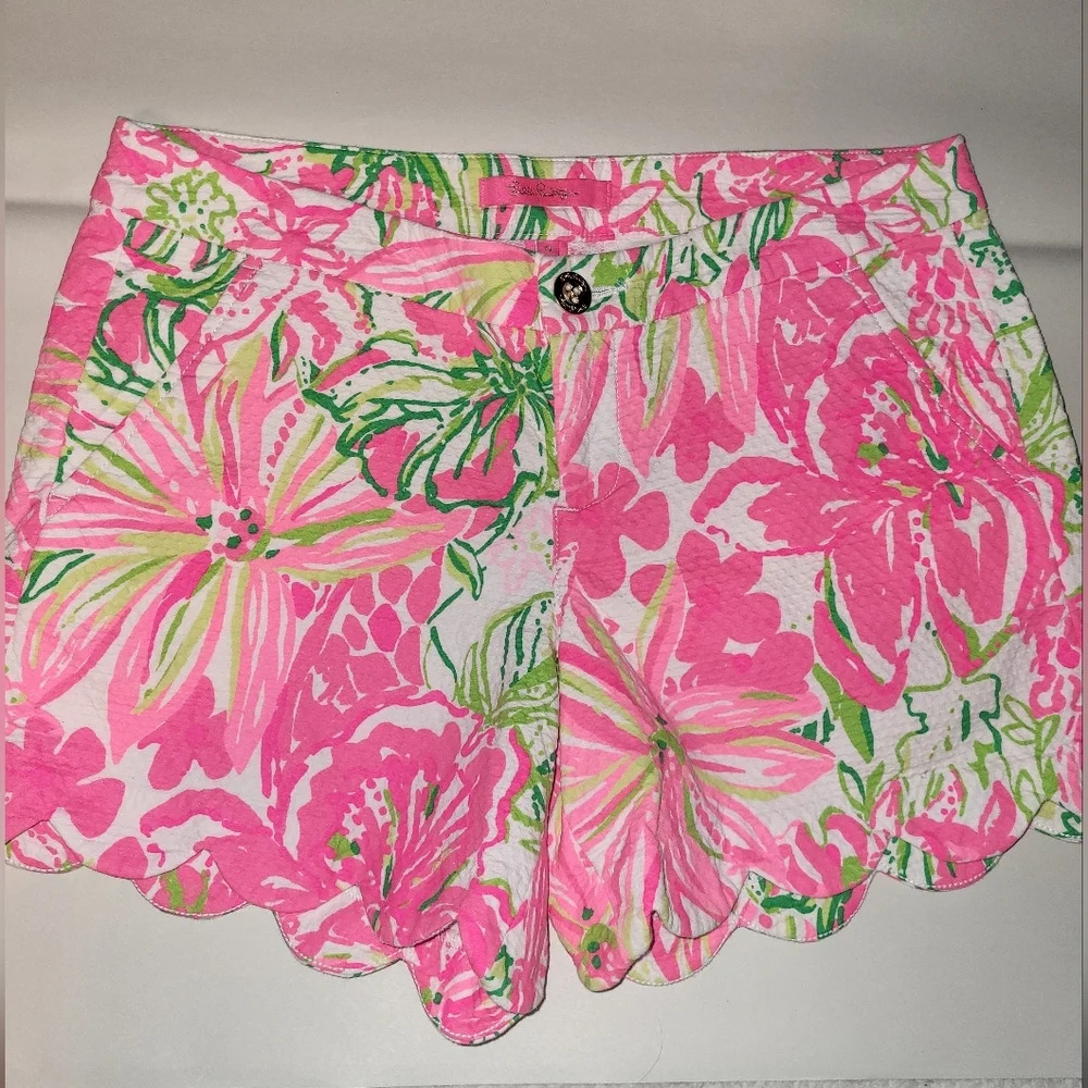 Lilly Pulitzer Buttercup Shorts Neon Pink Green Tropical Floral Scalloped Size 6